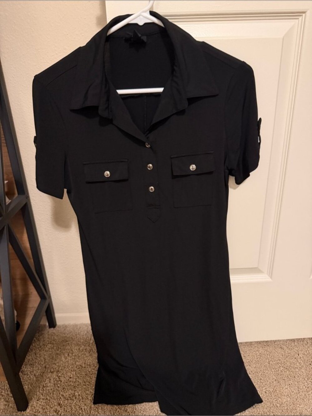 Enfocus Studio Black Short-Sleeve Polo Tunic with Buttoned Chest Pockets